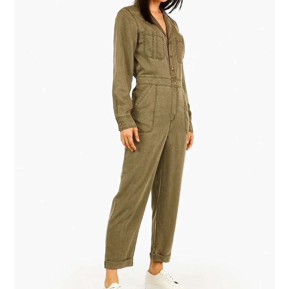 EXPRESS TWILL UTILITY JUMPSUIT IN OLIVE GREEN